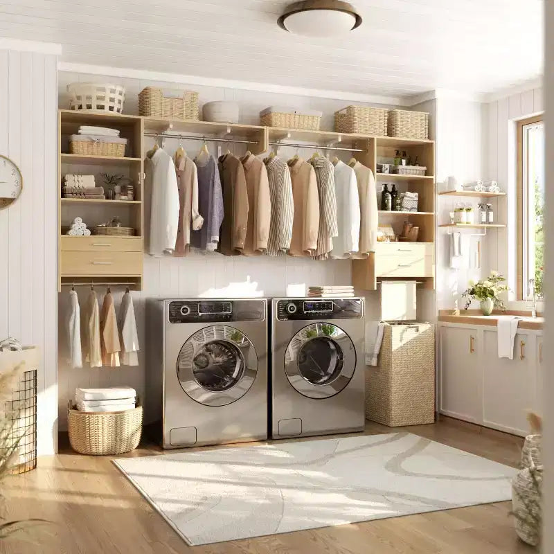 Système de rangement de placard avec tiroirs en bois, étagères murales pour buanderie