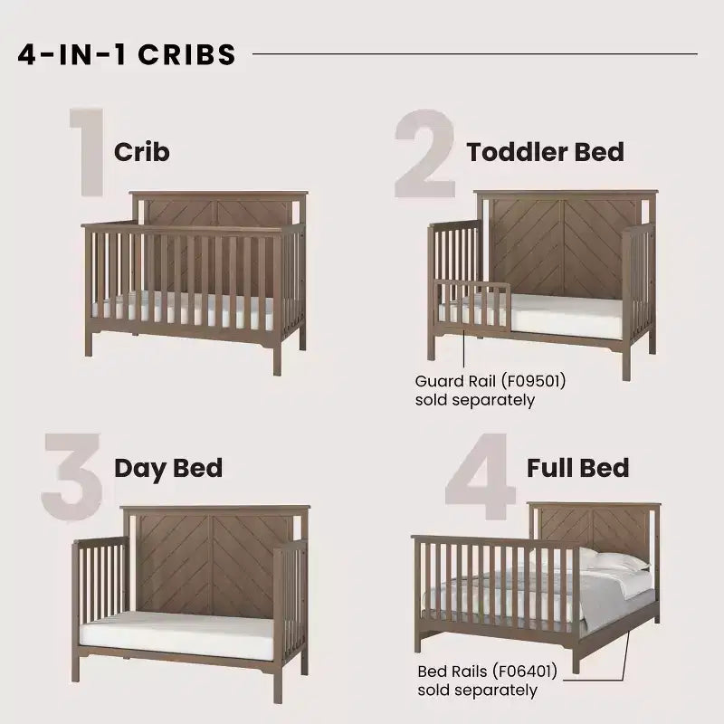 Lit de bébé convertible 4 en 1, se transforme en lit de jour, en lit de tout-petit et en lit double, 3 positions de matelas, finition sécuritaire pour bébé