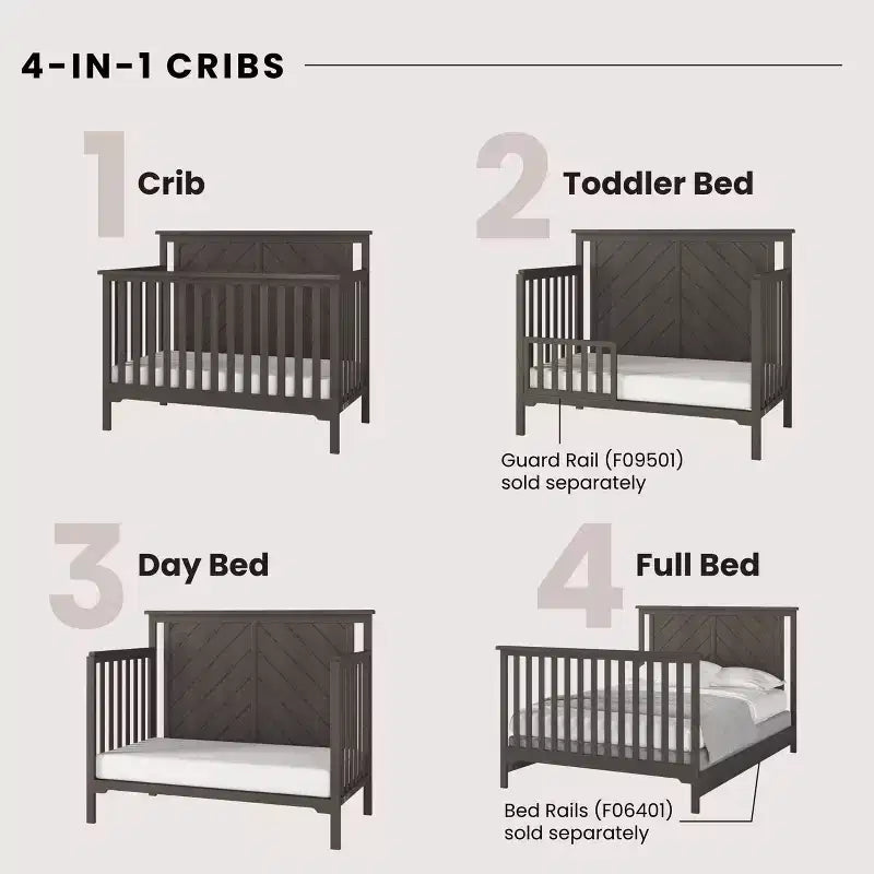 Lit de bébé convertible 4 en 1, se transforme en lit de jour, en lit de tout-petit et en lit double, 3 positions de matelas, finition sécuritaire pour bébé