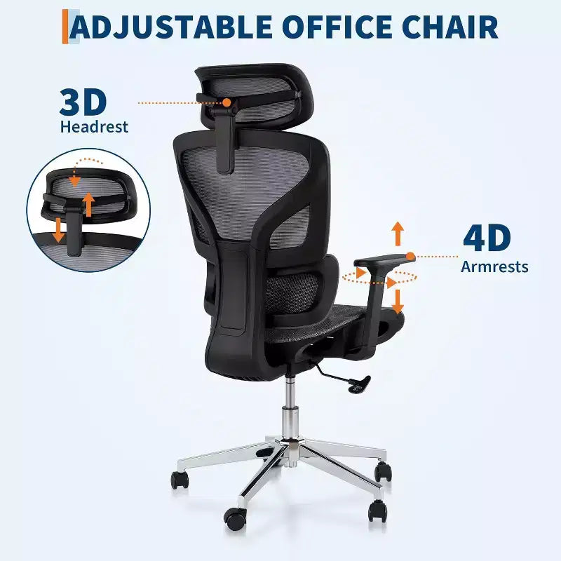 Fauteuil de bureau ergonomique à dossier haut en maille, accoudoirs 4D, soutien lombaire et profondeur d'assise réglables, pour bureau à domicile