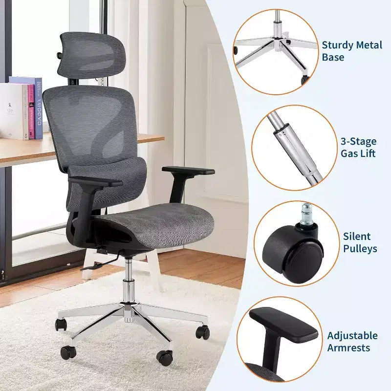 Fauteuil de bureau ergonomique à dossier haut en maille, accoudoirs 4D, soutien lombaire et profondeur d'assise réglables, pour bureau à domicile