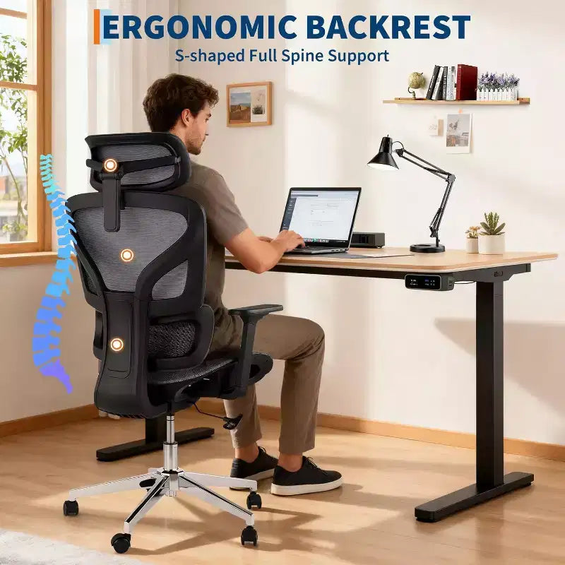Fauteuil de bureau ergonomique à dossier haut en maille, accoudoirs 4D, soutien lombaire et profondeur d'assise réglables, pour bureau à domicile