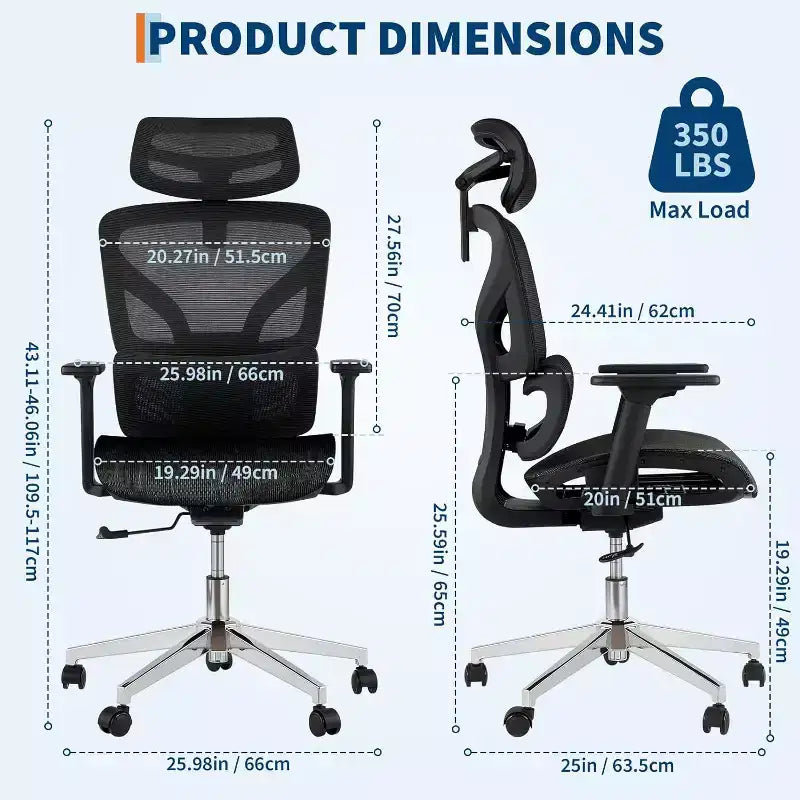 Fauteuil de bureau ergonomique à dossier haut en maille, accoudoirs 4D, soutien lombaire et profondeur d'assise réglables, pour bureau à domicile