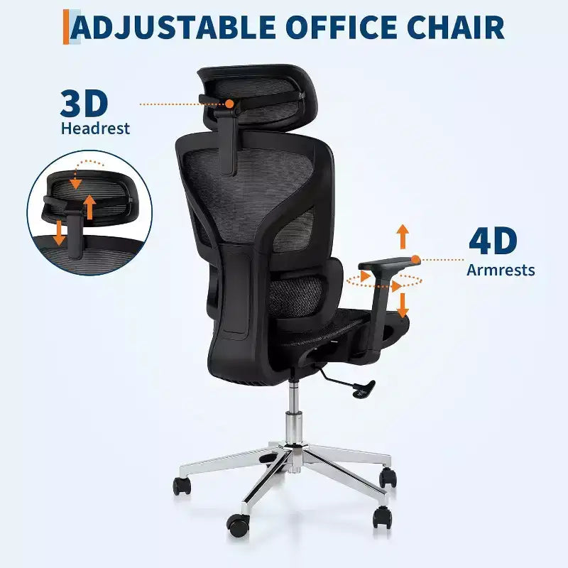 Fauteuil de bureau ergonomique à dossier haut en maille, accoudoirs 4D, soutien lombaire et profondeur d'assise réglables, pour bureau à domicile