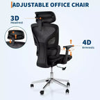 Fauteuil de bureau ergonomique à dossier haut en maille, accoudoirs 4D, soutien lombaire et profondeur d'assise réglables, pour bureau à domicile