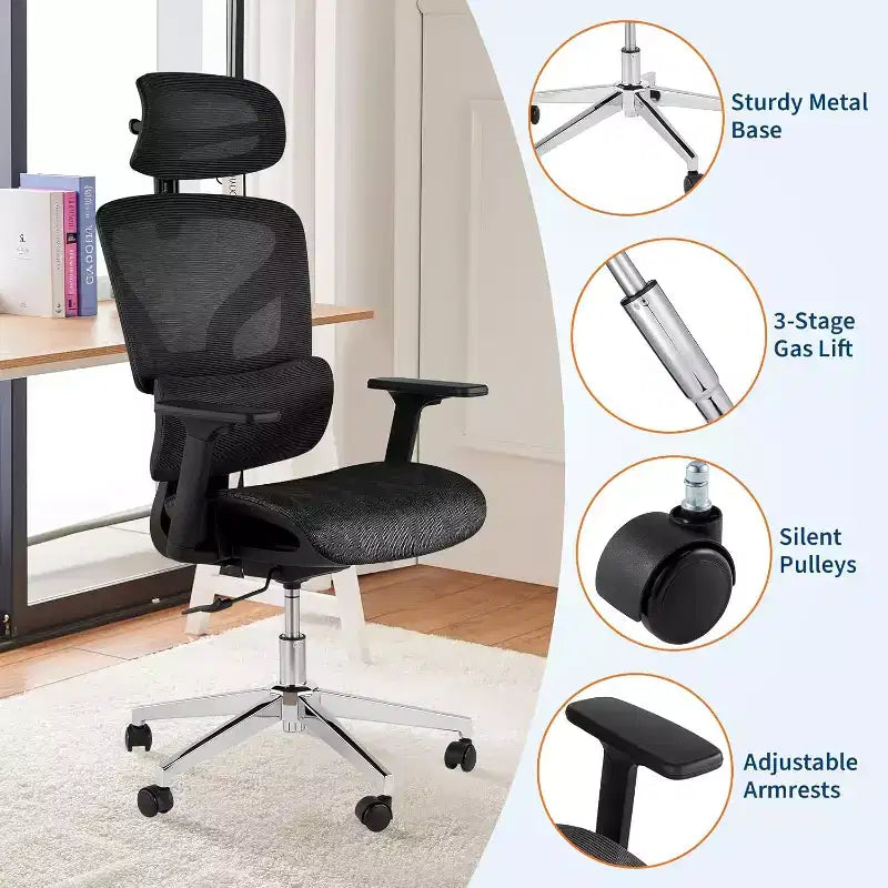 Fauteuil de bureau ergonomique à dossier haut en maille, accoudoirs 4D, soutien lombaire et profondeur d'assise réglables, pour bureau à domicile