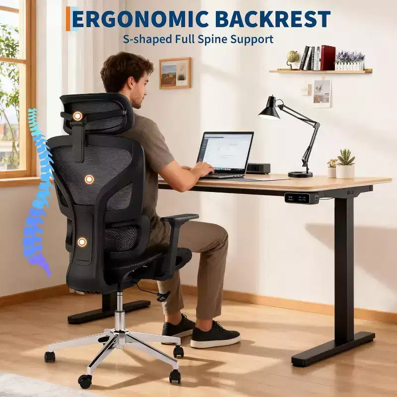 Fauteuil de bureau ergonomique à dossier haut en maille, accoudoirs 4D, soutien lombaire et profondeur d'assise réglables, pour bureau à domicile