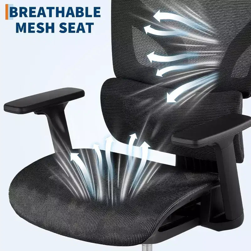 Fauteuil de bureau ergonomique à dossier haut en maille, accoudoirs 4D, soutien lombaire et profondeur d'assise réglables, pour bureau à domicile