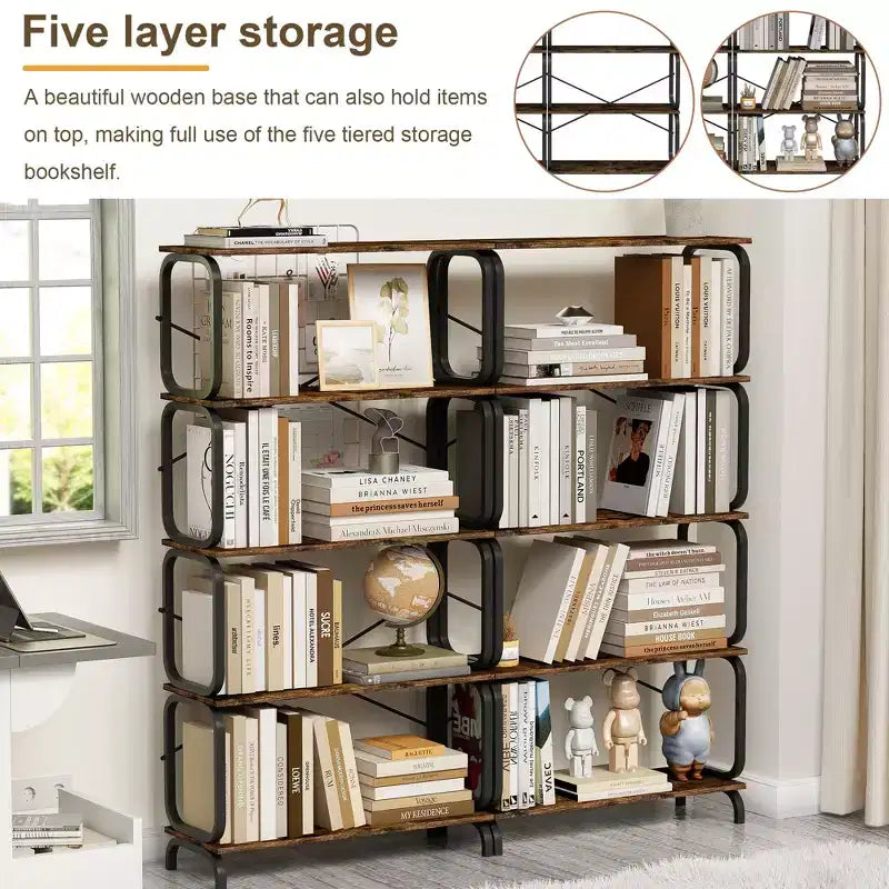 Étagère à 5 niveaux, bibliothèque haute au design ouvert en bois et métal, organiseur de rangement vintage pour livres, CD, films, étagère polyvalente pour salon