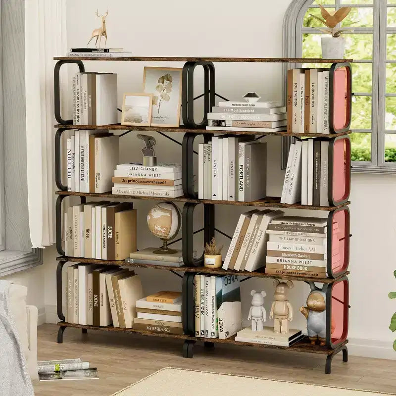 Étagère à 5 niveaux, bibliothèque haute au design ouvert en bois et métal, organiseur de rangement vintage pour livres, CD, films, étagère polyvalente pour salon