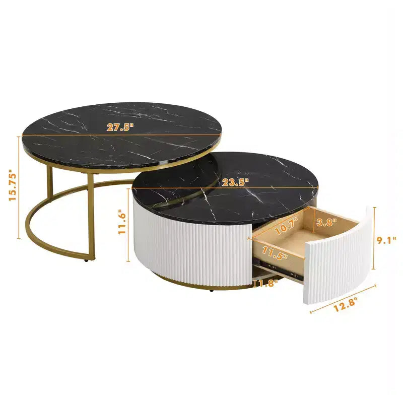 Table basse gigogne moderne, table cannelée de 80/70 cm avec tiroir, table d'appoint pour salon, plateau en MDF robuste et base en métal, capacité de 36 kg