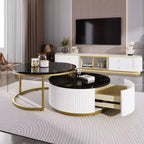 Table basse gigogne moderne, table cannelée de 80/70 cm avec tiroir, table d'appoint pour salon, plateau en MDF robuste et base en métal, capacité de 36 kg