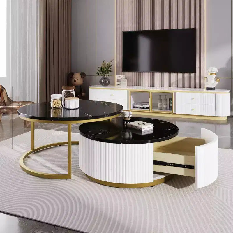 Table basse gigogne moderne, table cannelée de 80/70 cm avec tiroir, table d'appoint pour salon, plateau en MDF robuste et base en métal, capacité de 36 kg