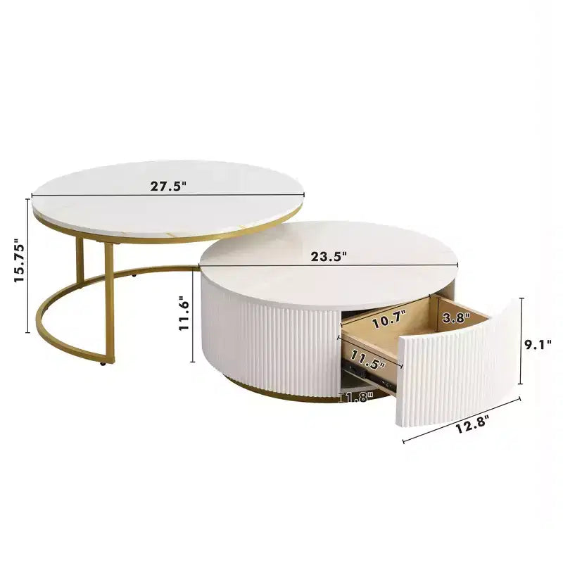 Table basse gigogne moderne, table cannelée de 80/70 cm avec tiroir, table d'appoint pour salon, plateau en MDF robuste et base en métal, capacité de 36 kg