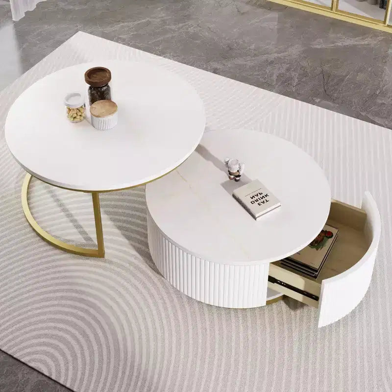 Table basse gigogne moderne, table cannelée de 80/70 cm avec tiroir, table d'appoint pour salon, plateau en MDF robuste et base en métal, capacité de 36 kg
