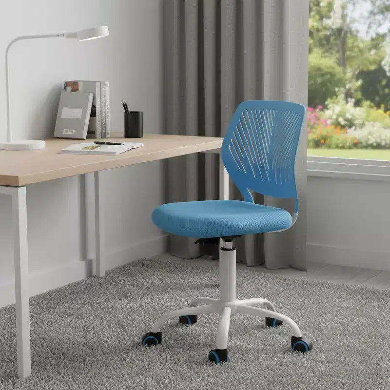 Chaise de bureau pivotante à roulettes réglable en hauteur, bleue et blanche