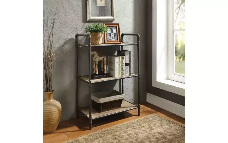 Étagères rectangulaires, bibliothèque de rangement ouverte avec tube rond en acier métallique, bibliothèques pour salon, bureau, gris + chêne