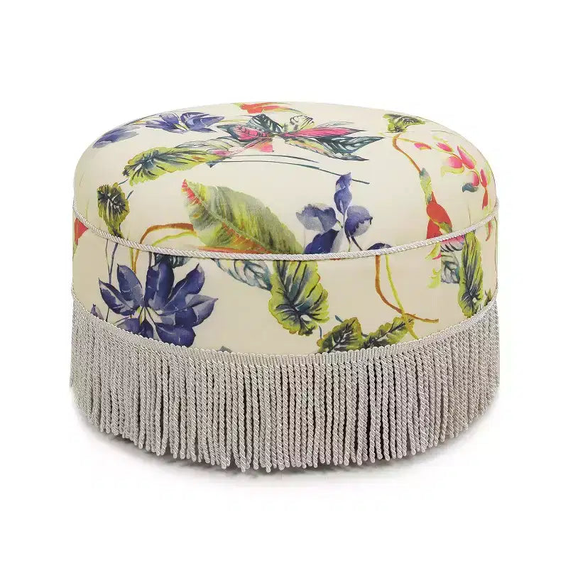 Pouffe d'appoint rond beige à motif floral tropical avec franges à pompons, pouf-repose-pieds vintage pour salon et chambre