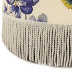 Pouffe d'appoint rond beige à motif floral tropical avec franges à pompons, pouf-repose-pieds vintage pour salon et chambre