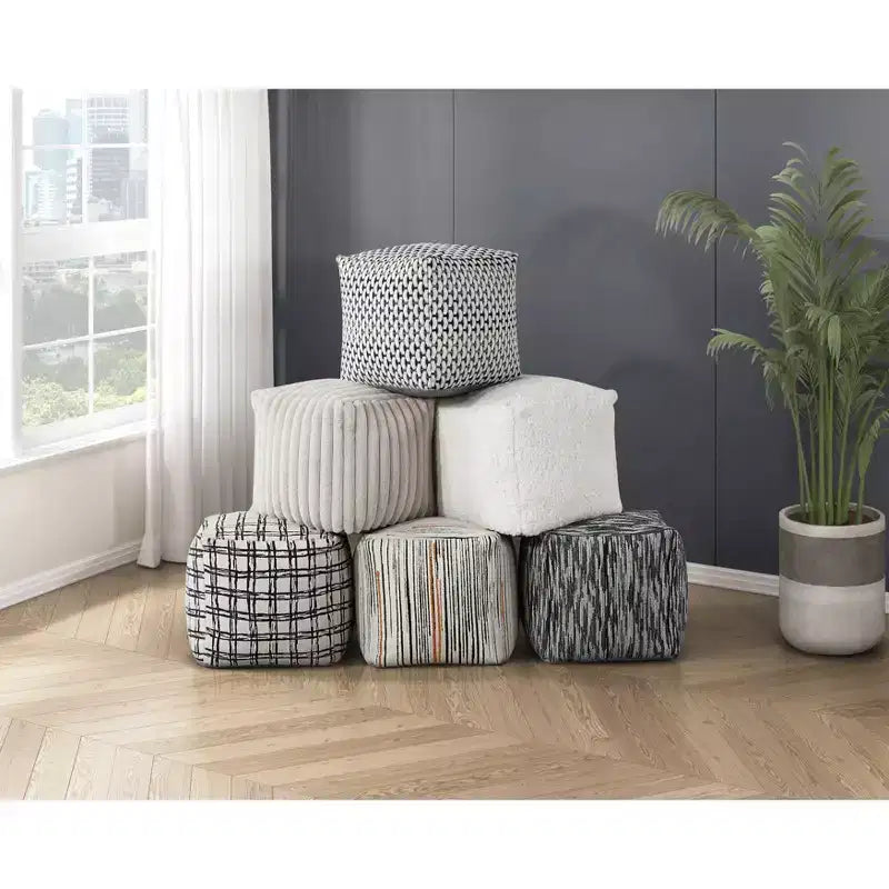 Pouf carré 16H Chic Jacquard Ottoman pour salon, Repose-pieds antidérapant, Chaise pouf, Capacité 300lbs, Rayures croisées noires
