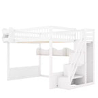 Queen Loft Bed Frame with Staircase, Wardrobe & Storage Shelves - MDF, 650 lb