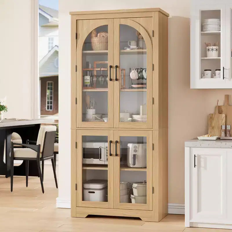 70 Tall Kitchen Pantry Cabinet, Modern Display Cabinet with 4 Arched Glass Doors and Adjustable Shelves, for Kitchen, Living Room, Dining, Bathroom