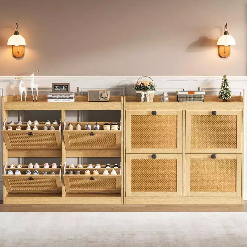 Shoe Storage Cabinet with 4 Flip Drawers, Wood Shoe Cabinet with Rattan Doors and Adjustable Shelves- Freestanding Shoe Organizer