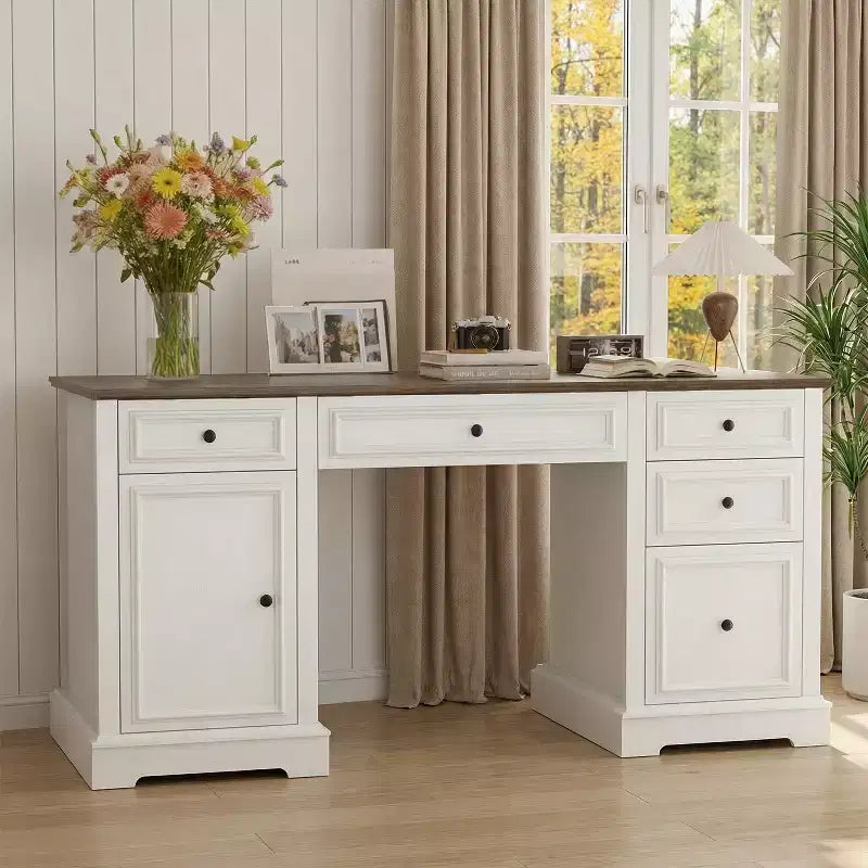 60 Farmhouse Executive Desk for Home Office - Wooden Writing Desk with Drawers, Cabinet Storage, Rustic Home Office Desk for Work Study