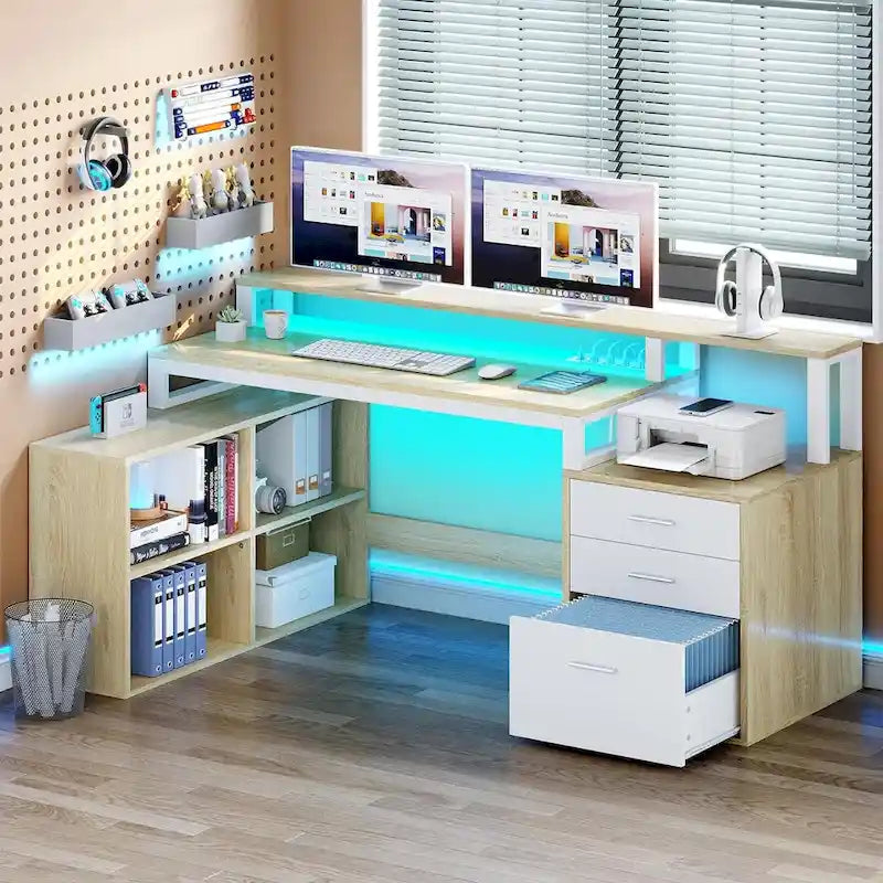 65 L-Shaped Corner Desk with RGB LED, Monitor Stand & Storage Cabinet â€?1-Person | White / Oak / Charcoal Grey / Black