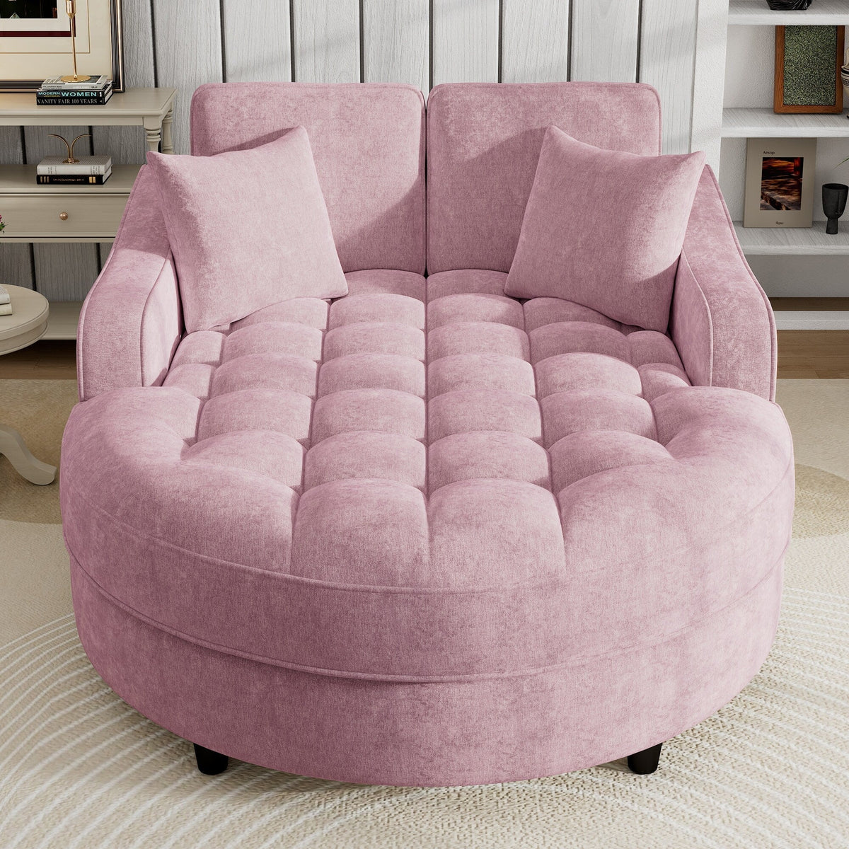 Chenille Chaise Lounge Sofa Bed, Upholstered Sofa Couch with Tufted Backrest and 2 Detachable Pillows for Living Room