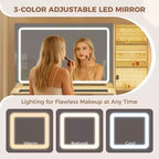 48 Fluted Makeup Vanity Desk with Mirror & LED Lights, Charging Station, Cushioned Storage Stool for Bedroom