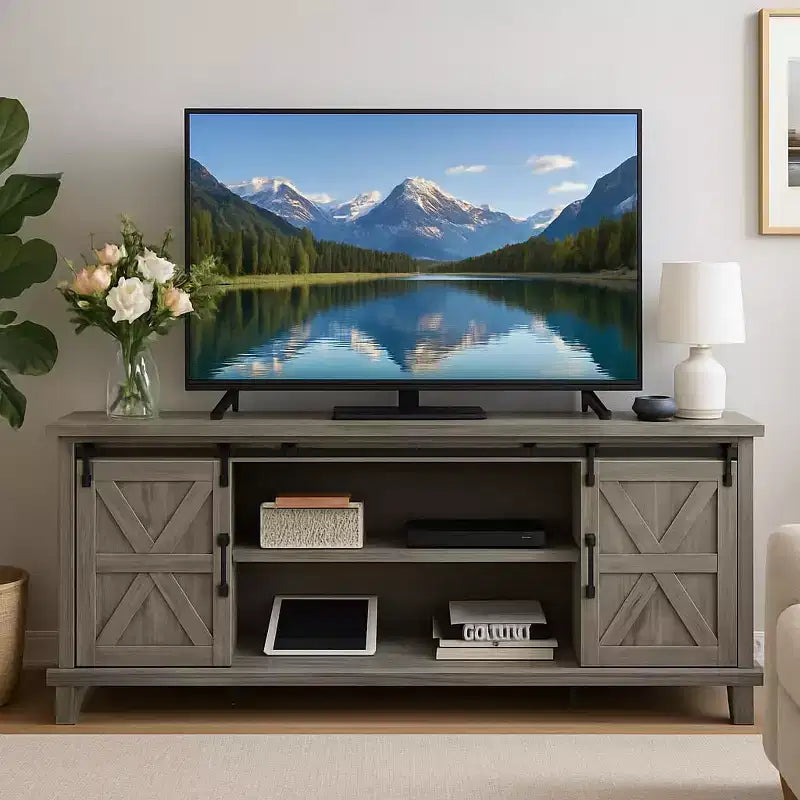 66 inch Farmhouse TV Stand for 75 Inch TVs, Media Console with Sliding Barn Door, Power Outlets & Adjustable Storage Cabinets