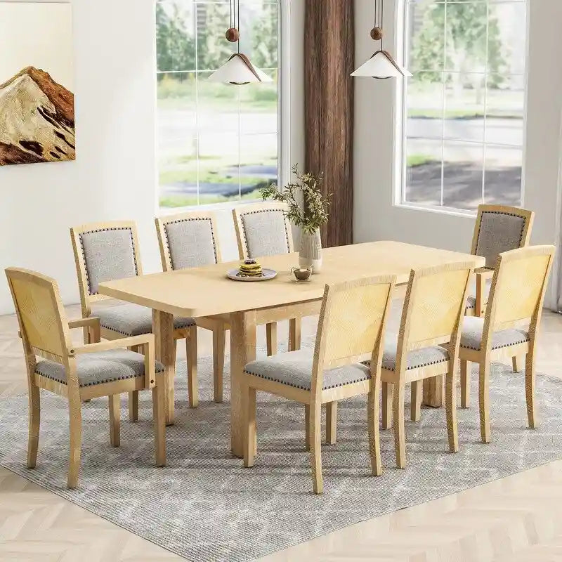 9 Pieces Extendable Dining Table Set with 24inch Removable Leaf , 6 Upholstered Armless Dining Chairs and 2 Padded Arm Chairs