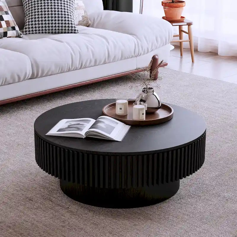 Modern Solid Wood Veneered Round Coffee Tea Table with Storage