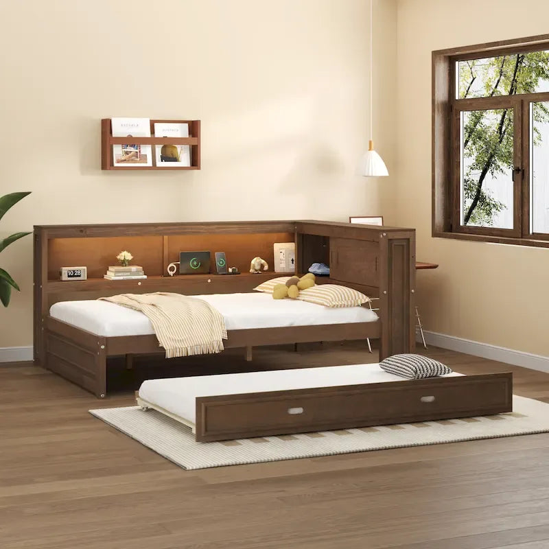 Full Daybed with Shelves, USB Charging, LED Lights & Twin Trundle