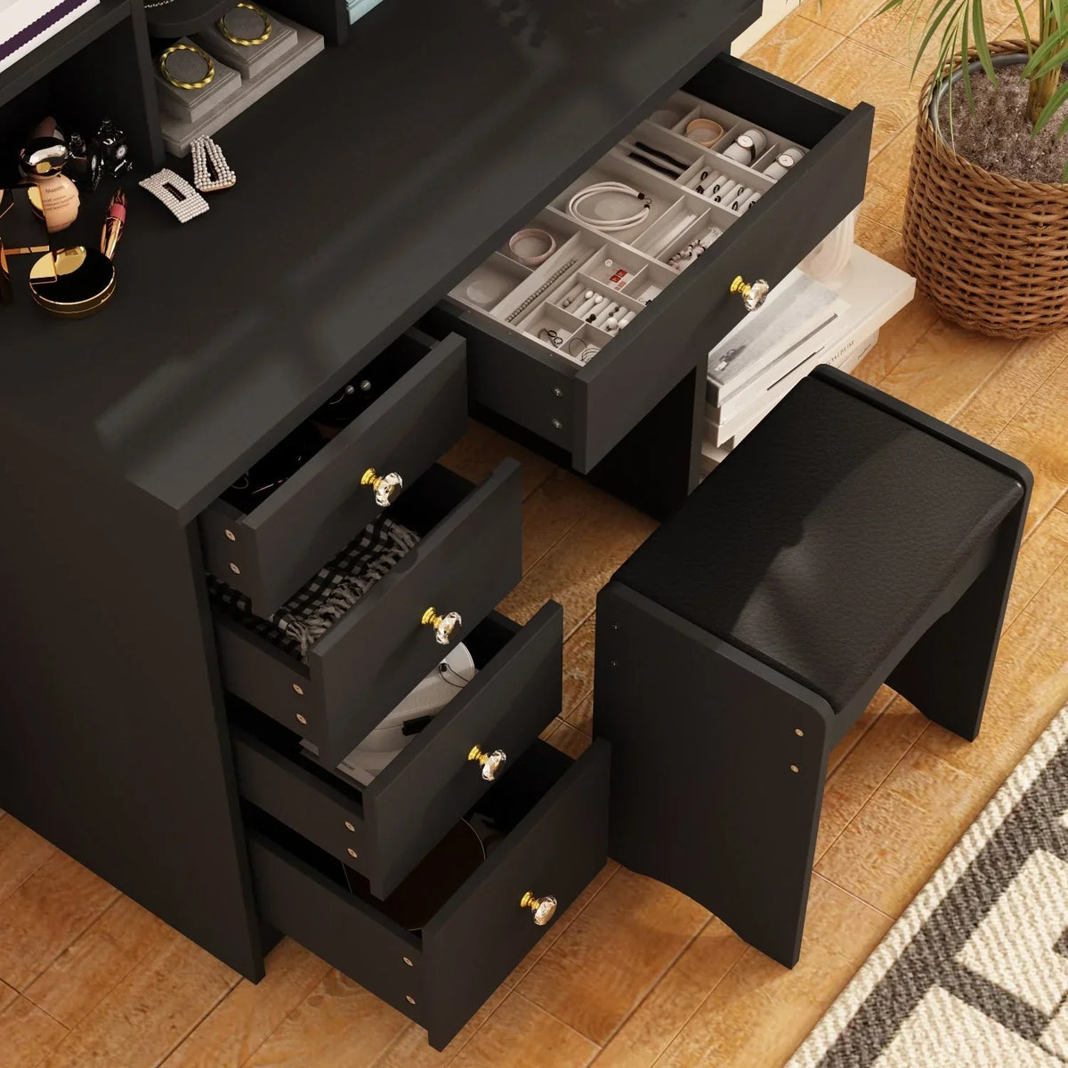 Makeup Vanity Set Table With LED Light &Mirror & Stool