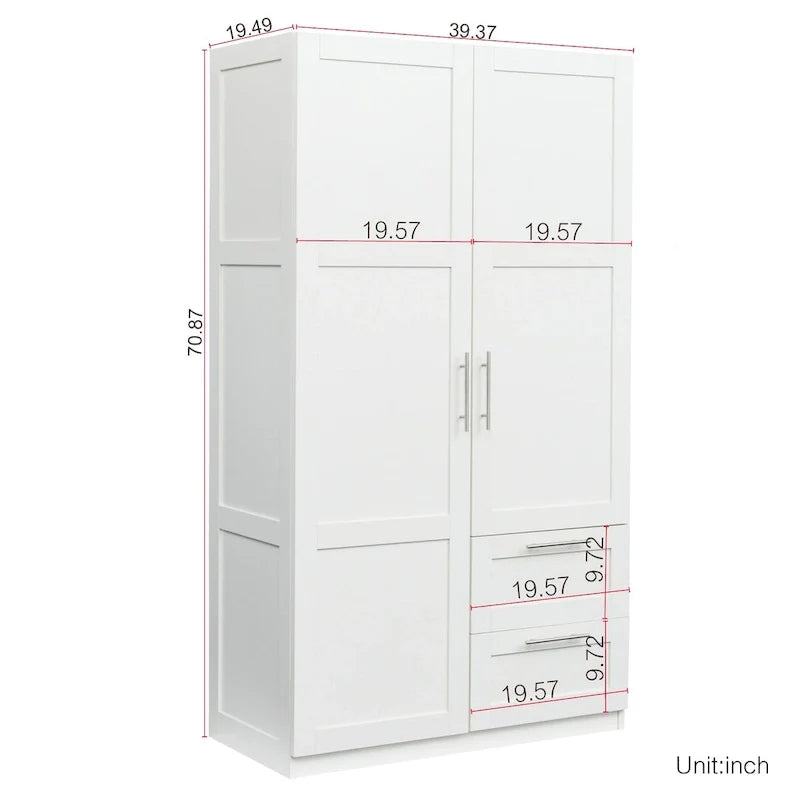 White Wood Wardrobe Armoire Storage Cabinet with Doors,Drawers,Hanging Rod