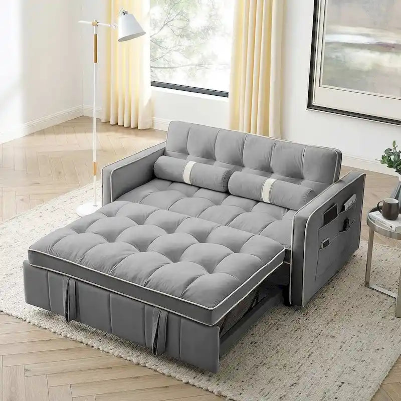 Velvet Multi-Functional Pull-Out Sofa Bed Adjustable Reclining Backrest With Pillows - N/A