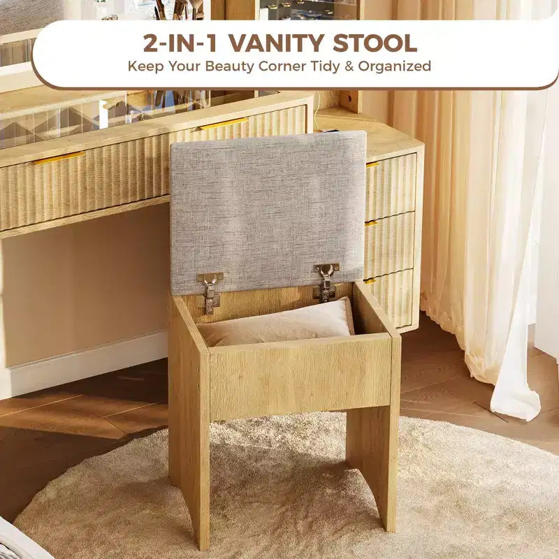 48 Fluted Makeup Vanity Desk with Mirror & LED Lights, Charging Station, Cushioned Storage Stool for Bedroom