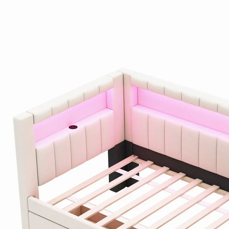 Upholstered Platform Bed with USB Ports & LED Lighting - Full/Twin Size Bed Frame with 2 Storage Drawers - Modern Bedroom