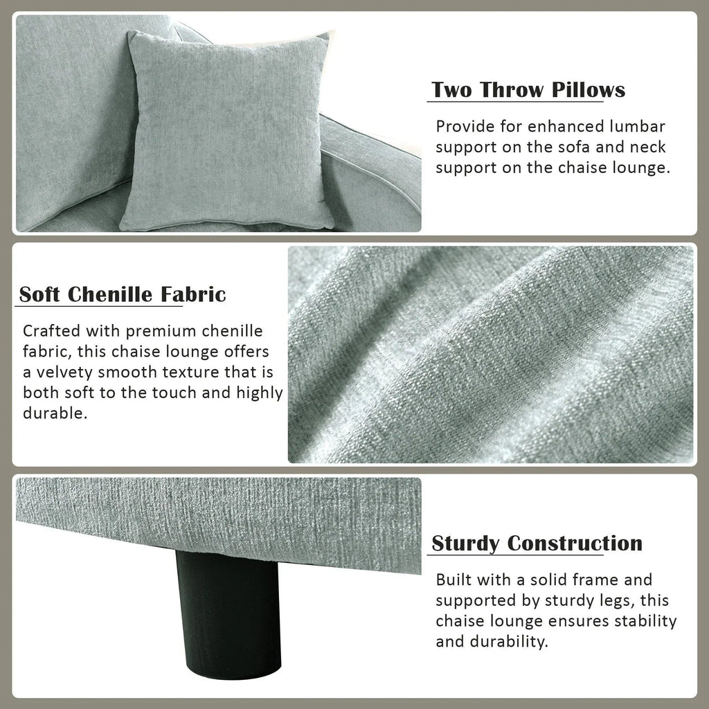 Chenille Chaise Lounge Sofa Bed, Upholstered Sofa Couch with Tufted Backrest and 2 Detachable Pillows for Living Room
