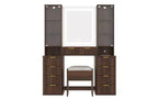 JVNOXK 43.5-inch Modern Vanity Set with Mirror and Light, Featuring Drawers and Clear Glass Cabinet, Includes Stool and Charging Station, Brown