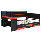 Gamer Hub Daybed with Desk, RGB Lights, Charging Station, Storage Drawers & Bookcase Headboard