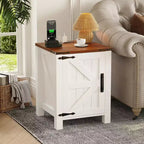 2Pcs Farmhouse Nightstand with Charging Station, Rustic Barn Door Bedside Table with Adjustable Shelf, Small End Table for Bedroom and Living Room