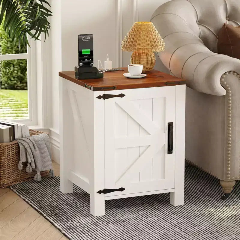 2Pcs Farmhouse Nightstand with Charging Station, Rustic Barn Door Bedside Table with Adjustable Shelf, Small End Table for Bedroom and Living Room