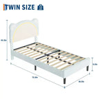 Cute Kids Bed Frame - Adjustable adorable bear design, suede upholstery, storage drawers, solid wood slats, quiet design, easy to assemble.