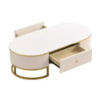 47W Modern Coffee Table Cocktail Table Center Table Accent Table with Drawers, Curved Profile Design, Gold Metal Leg, Oval, White+Gold-ModernLuxe