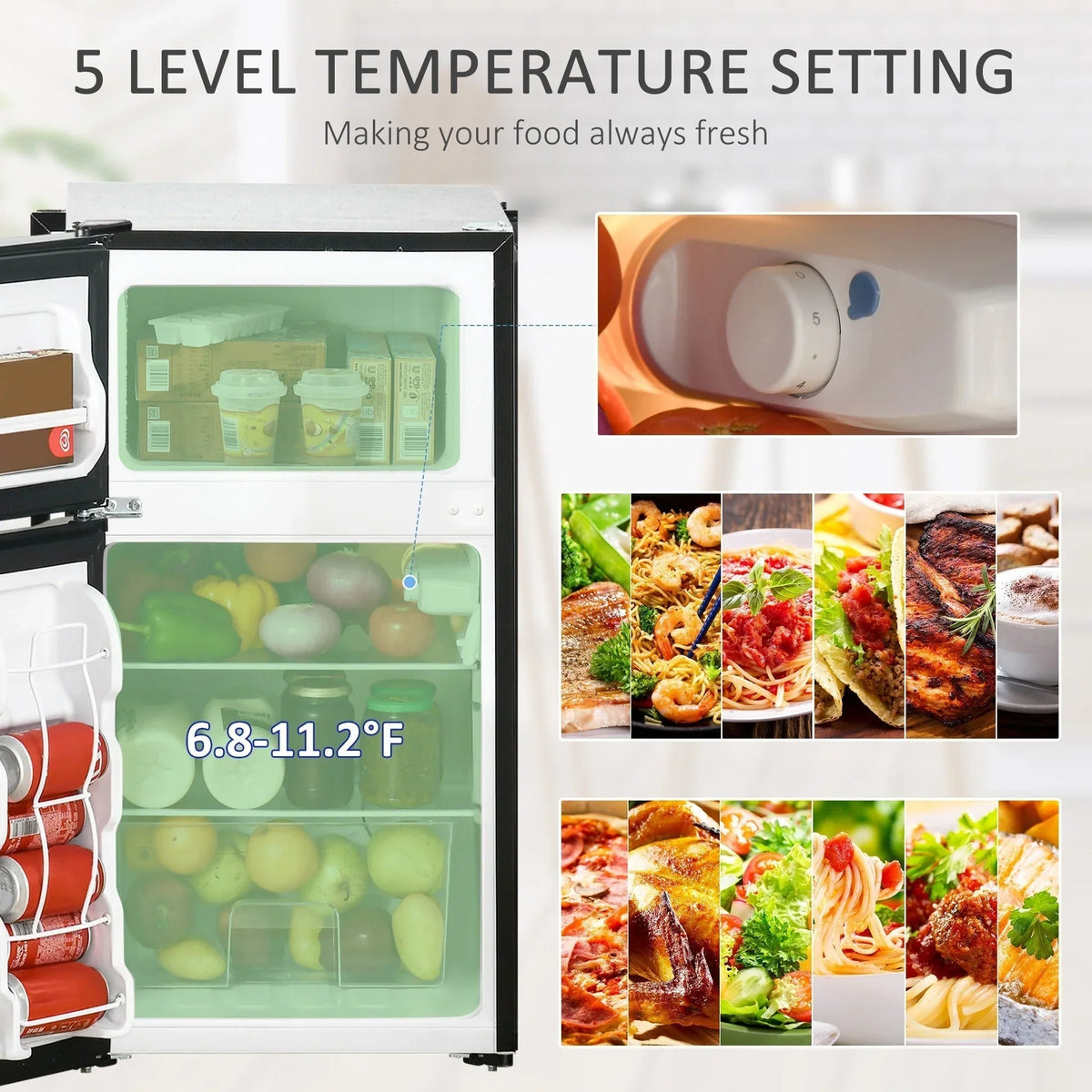 HOMCOM Double Door Mini Fridge with Freezer, 3.2 Cu.Ft Compact Refrigerator with Adjustable Shelf, Adjustable Thermostat