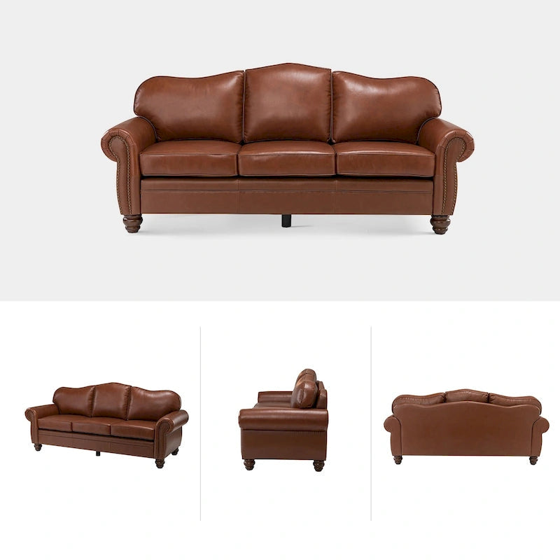 Balvino 81 Wide Transitional Genuine Leather Rolled Arm Sofa with Nailhead Trim and Removable Cushions