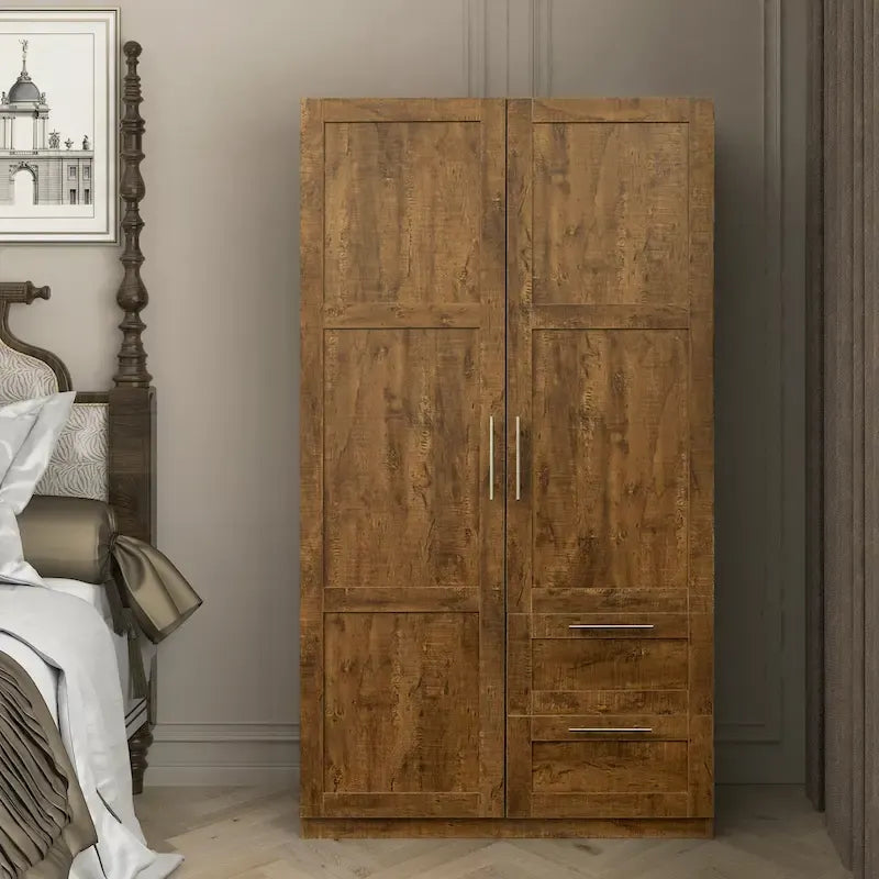 White Wood Wardrobe Armoire Storage Cabinet with Doors,Drawers,Hanging Rod